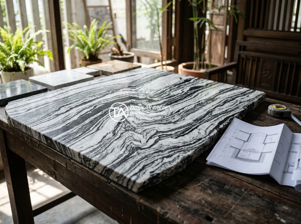 Top 5 loại đá tự nhiên ốp tường giếng trời bền đẹp và sang trọng nhất - Professional architect reviewing natural stone options for sky well wall design 