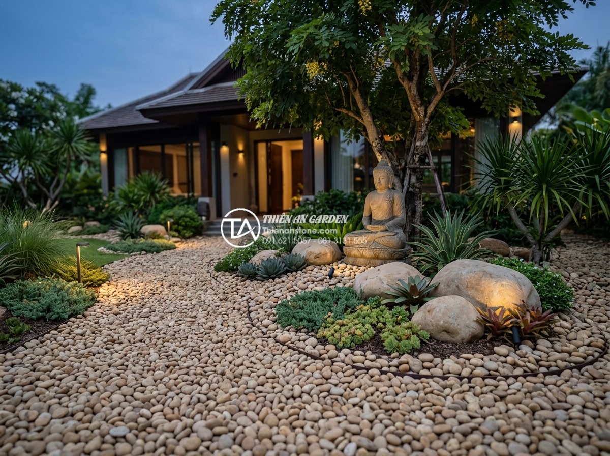 Top 50+ mẫu tiểu cảnh trước nhà đẹp, sang trọng nhất xu hướng 2026 - Elegant front yard stone garden with natural boulders, carved stone Buddha statu