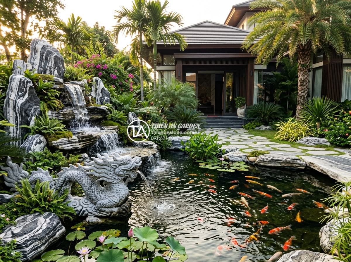 Top 50+ mẫu tiểu cảnh trước nhà đẹp, sang trọng nhất xu hướng 2026 - Luxury front yard with large koi pond, multi-tier natural stone waterfall, carve