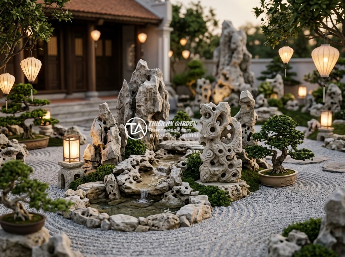 Top 50+ mẫu tiểu cảnh trước nhà đẹp và sang trọng nhất 2026 - Hình 2 Top 50+ mẫu tiểu cảnh trước nhà đẹp và sang trọng nhất 2026 - Luxurious 2026 front yard zen garden with carved natural stone sculptures, gentl