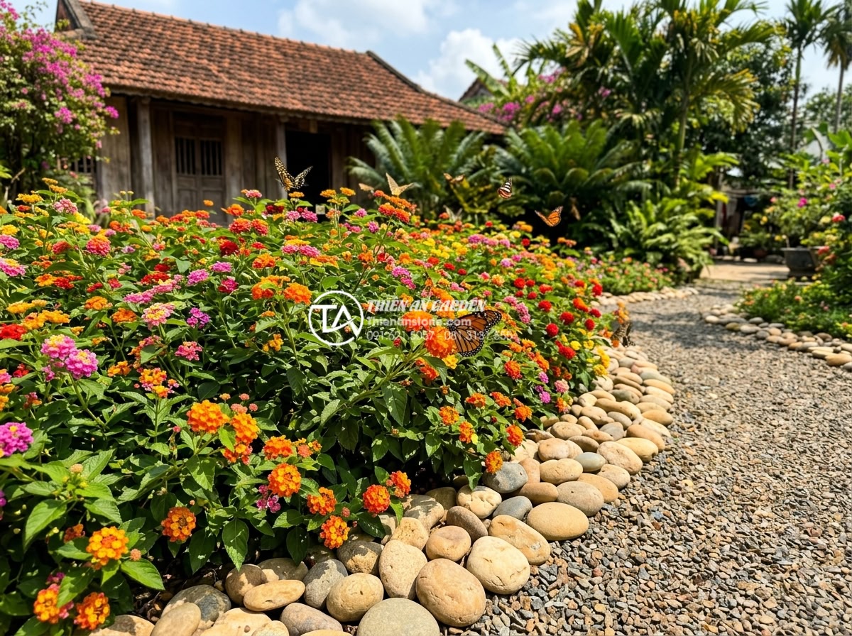 Top 7 loại cây chịu nắng tốt nhất cho mẫu tiểu cảnh trước nhà đẹp - Colorful Lantana flowers in multiple shades blooming densely in a sunny front ya