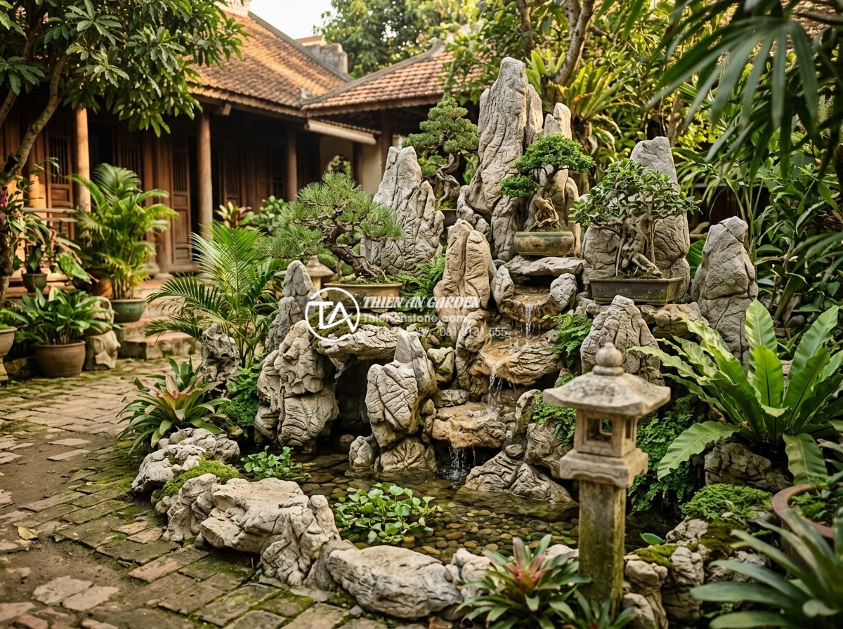 Top 7 loại đá tự nhiên tốt nhất để làm tiểu cảnh sân sau bền đẹp - Natural Vietnamese limestone stones arranged in a traditional backyard rock gard