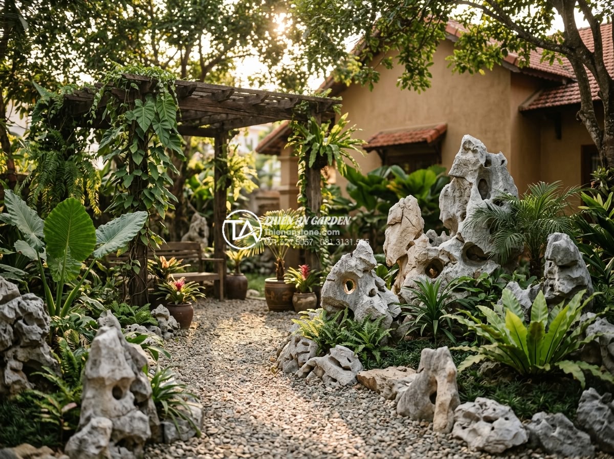 Top 7 loại đá tự nhiên tốt nhất để làm tiểu cảnh sân sau bền đẹp - Warm toned natural sandstone backyard landscape in Vietnam with dry rock garden,