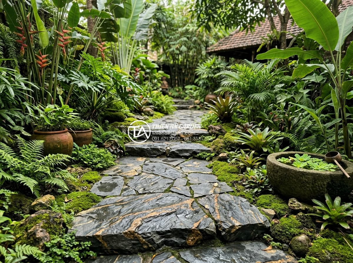 Top 7 loại đá tự nhiên tốt nhất để làm tiểu cảnh sân sau bền đẹp - Detailed photo of natural slate stone pathway in a Vietnamese backyard garden wi