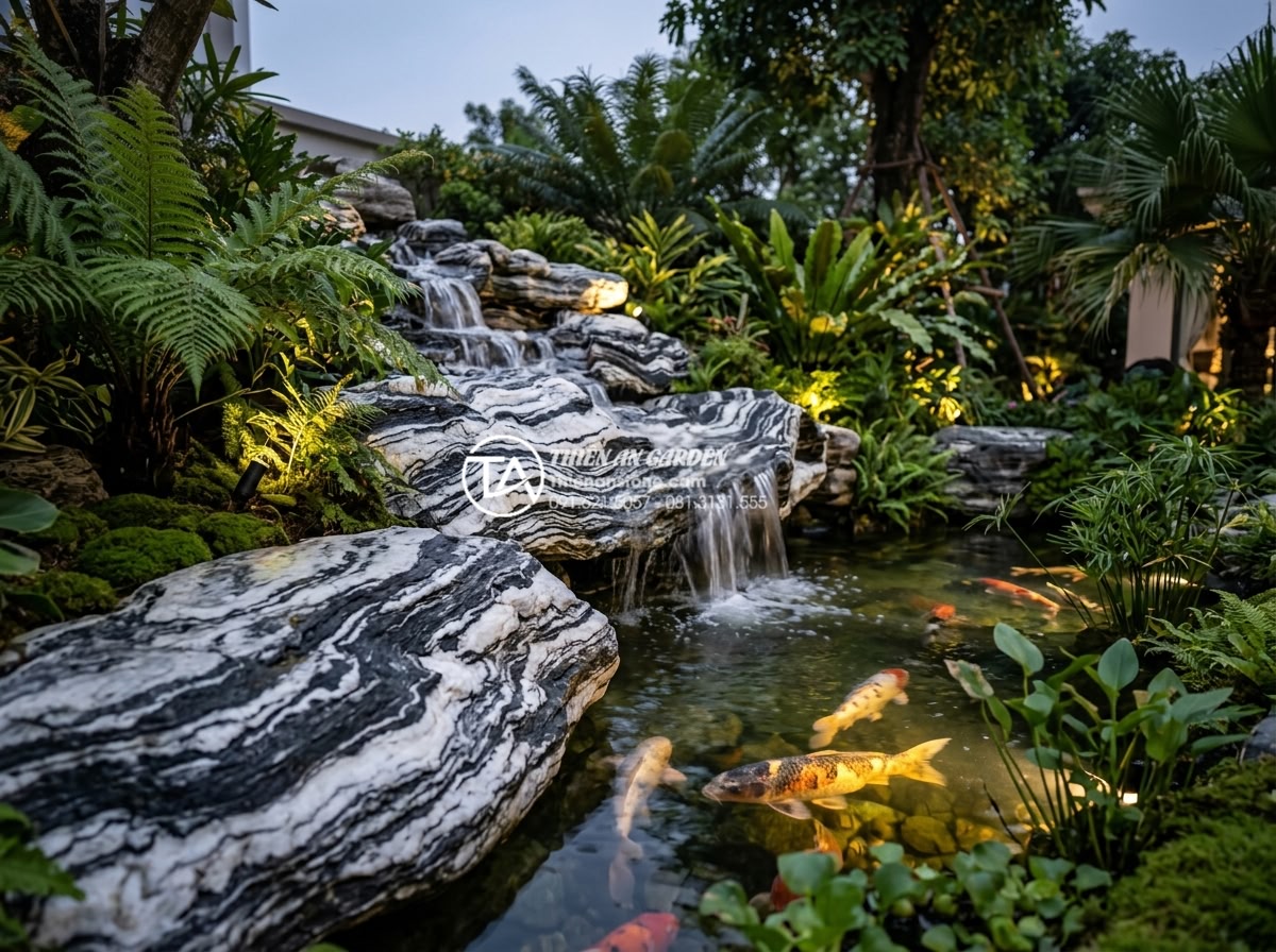 Top 7 loại đá tự nhiên tốt nhất để làm tiểu cảnh sân sau bền đẹp - Premium natural quartzite stones in a luxurious Vietnamese backyard water garden