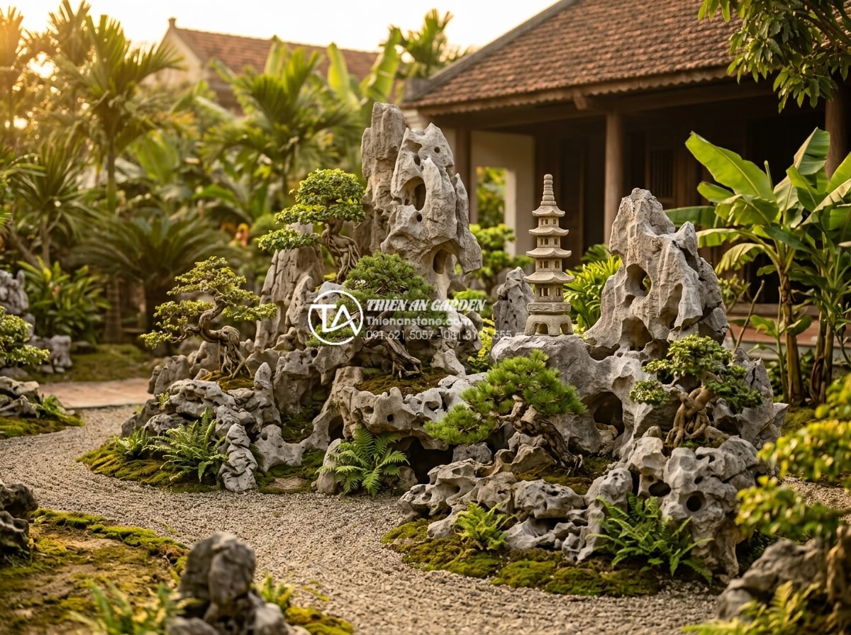 Top 7 loại đá tự nhiên tốt nhất để làm tiểu cảnh sân sau bền đẹp - Beautiful Vietnamese backyard landscape at golden hour featuring natural sandsto