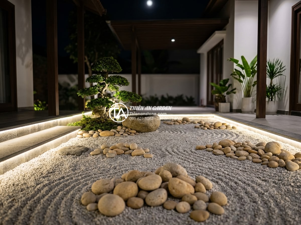 Top 7 loại đá tự nhiên tốt nhất để làm tiểu cảnh sân sau bền đẹp - Modern minimalist Vietnamese backyard landscape featuring large black basalt sto