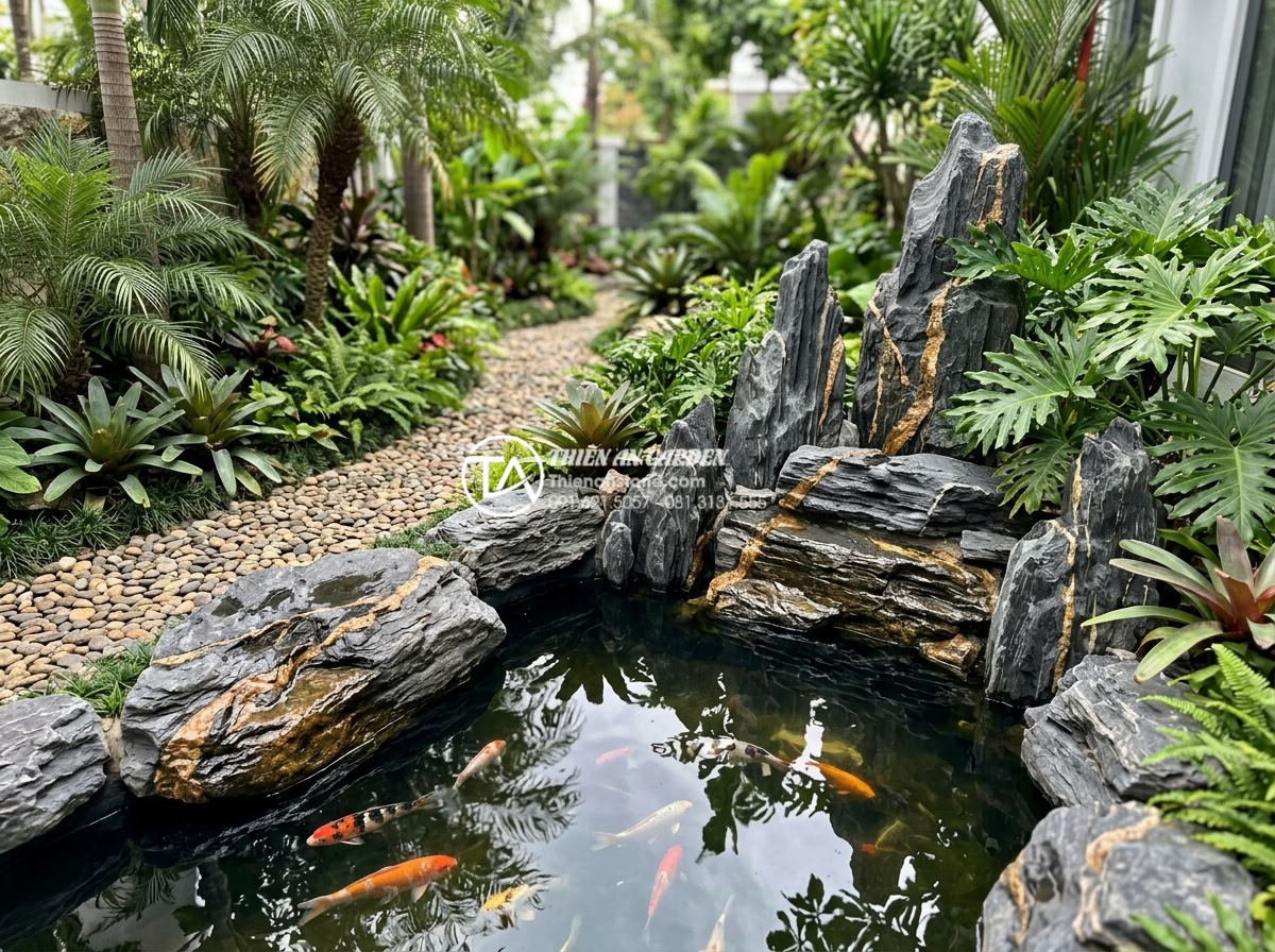 Ứng dụng đá cuội và sỏi tự nhiên trong trang trí lối đi sân sau - Hình 11 Ứng dụng đá cuội và sỏi tự nhiên trong trang trí lối đi sân sau - Beautiful integration of natural pebble pathway with a small Koi pond and surrou