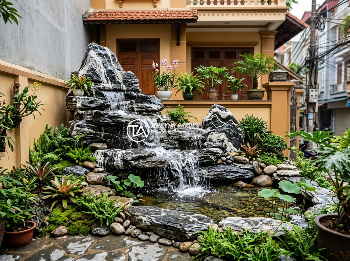 Ứng dụng thác nước đá tự nhiên trong tiểu cảnh trước sân nhà phố - Hình 10 Ứng dụng thác nước đá tự nhiên trong tiểu cảnh trước sân nhà phố - Completed professional installation of natural stone waterfall in Vietnamese tow