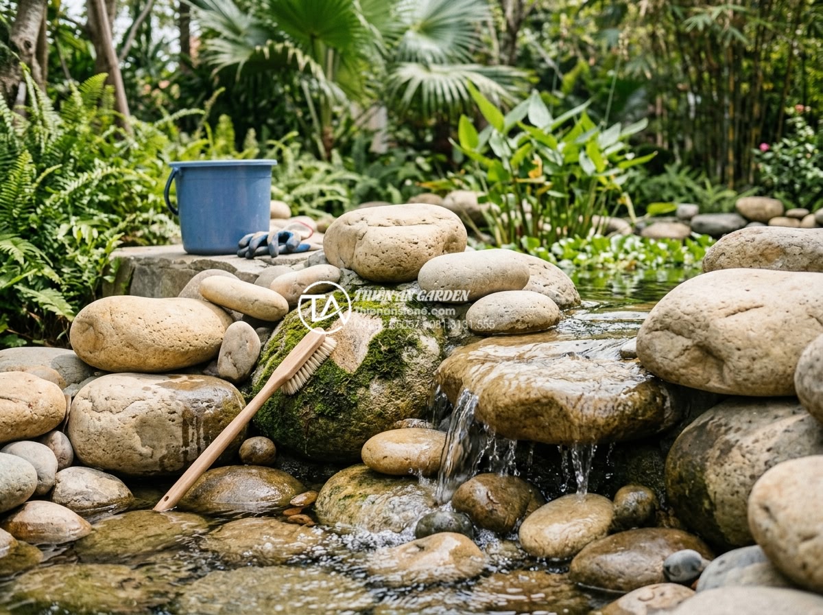 Ứng dụng thác nước đá tự nhiên trong tiểu cảnh trước sân nhà phố - Hình 13 Ứng dụng thác nước đá tự nhiên trong tiểu cảnh trước sân nhà phố - Technician performing routine maintenance on natural stone waterfall, cleaning m