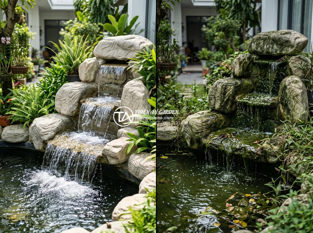 Ứng dụng thác nước đá tự nhiên trong tiểu cảnh trước sân nhà phố - Hình 14 Ứng dụng thác nước đá tự nhiên trong tiểu cảnh trước sân nhà phố - Before and after comparison of well-maintained natural stone waterfall in townho