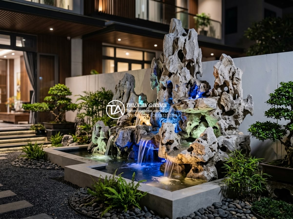 Ứng dụng thác nước đá tự nhiên trong tiểu cảnh trước sân nhà phố - Hình 15 Ứng dụng thác nước đá tự nhiên trong tiểu cảnh trước sân nhà phố - Stunning modern natural stone waterfall design called Zen Cascade in Vietnamese