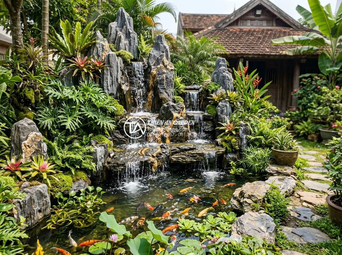 Ứng dụng thác nước đá tự nhiên trong tiểu cảnh trước sân nhà phố - Hình 16 Ứng dụng thác nước đá tự nhiên trong tiểu cảnh trước sân nhà phố - Lush tropical style natural stone waterfall with koi pond in small front yard, v
