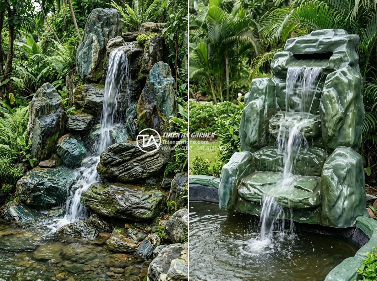 Ứng dụng thác nước đá tự nhiên trong tiểu cảnh trước sân nhà phố - Hình 18 Ứng dụng thác nước đá tự nhiên trong tiểu cảnh trước sân nhà phố - Side by side realistic photos: left side beautiful natural stone waterfall, righ