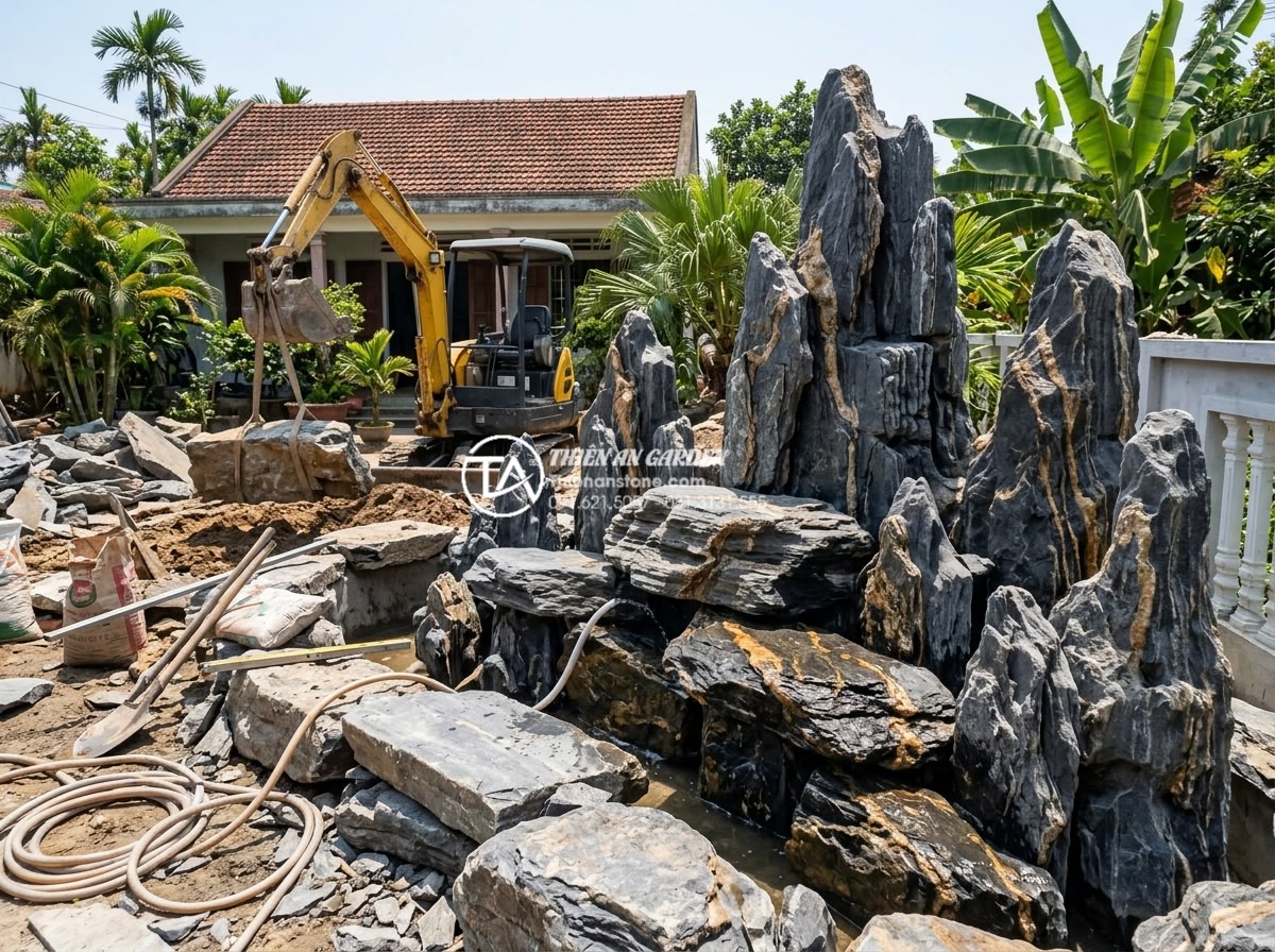 Ứng dụng thác nước đá tự nhiên trong tiểu cảnh trước sân nhà phố - Hình 9 Ứng dụng thác nước đá tự nhiên trong tiểu cảnh trước sân nhà phố - Professional construction site showing natural stone waterfall being installed i