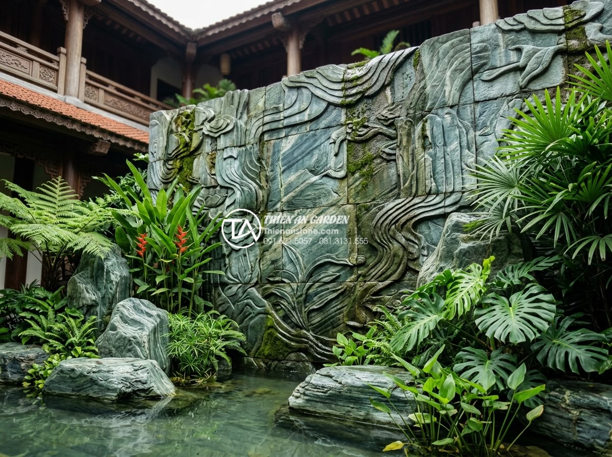Ứng dụng tranh đá ốp tường giếng trời tạo điểm nhấn nghệ thuật - Hình 10 Ứng dụng tranh đá ốp tường giếng trời tạo điểm nhấn nghệ thuật - Exterior atrium view of resort with carved stone wall art blending seamlessly wi