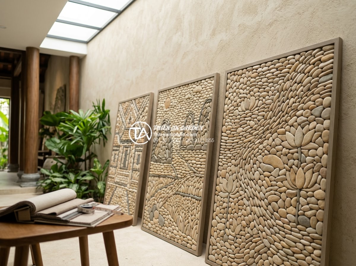 Ứng dụng tranh đá ốp tường giếng trời tạo điểm nhấn nghệ thuật - Hình 12 Ứng dụng tranh đá ốp tường giếng trời tạo điểm nhấn nghệ thuật - Custom stone mural selection process with client viewing different designs for a