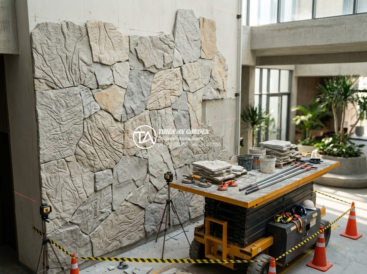 Ứng dụng tranh đá ốp tường giếng trời tạo điểm nhấn nghệ thuật - Hình 13 Ứng dụng tranh đá ốp tường giếng trời tạo điểm nhấn nghệ thuật - Professional installation process of stone mural on atrium walls using specializ