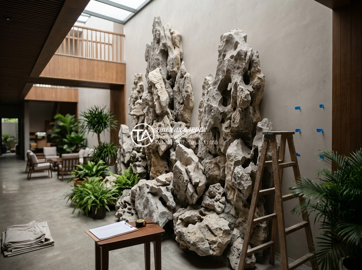 Ứng dụng tranh đá ốp tường giếng trời tạo điểm nhấn nghệ thuật - Hình 14 Ứng dụng tranh đá ốp tường giếng trời tạo điểm nhấn nghệ thuật - Finished atrium with freshly installed stone wall art and final quality inspecti