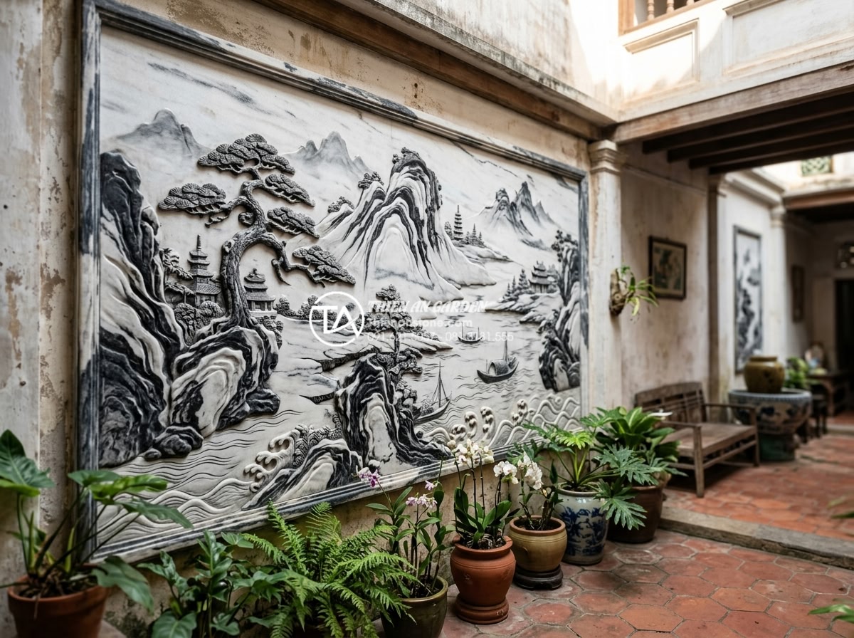 Ứng dụng tranh đá ốp tường giếng trời tạo điểm nhấn nghệ thuật - Hình 16 Ứng dụng tranh đá ốp tường giếng trời tạo điểm nhấn nghệ thuật - Long-term preserved stone painting on atrium wall after years of proper care, lo