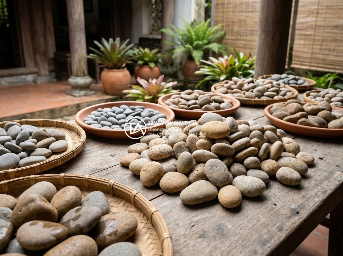 Ứng dụng tranh đá ốp tường giếng trời tạo điểm nhấn nghệ thuật - Hình 5 Ứng dụng tranh đá ốp tường giếng trời tạo điểm nhấn nghệ thuật - Various natural stone samples including granite, marble, and basalt arranged for