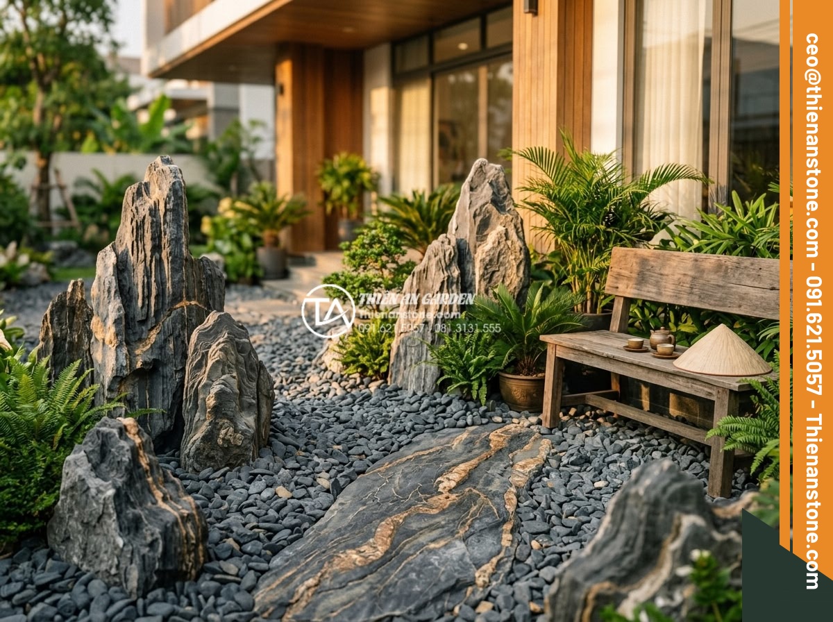 Vật liệu đá cuội: Linh hồn trong các mẫu tiểu cảnh trước nhà khô hiện đại - Hình 7 Vật liệu đá cuội: Linh hồn trong các mẫu tiểu cảnh trước nhà khô hiện đại - Serene lifestyle photograph of a Vietnamese family enjoying their modern dry peb