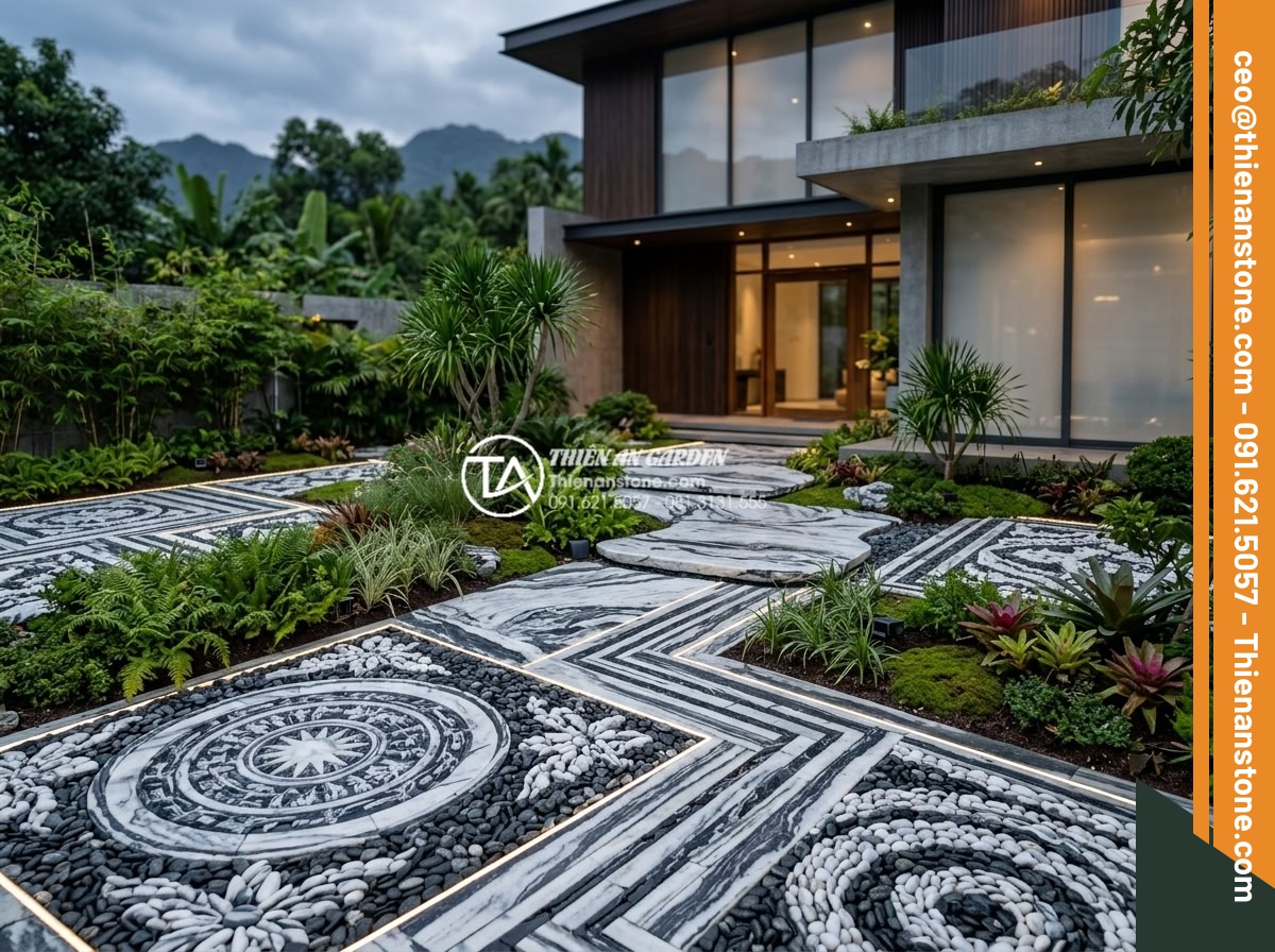 Vật liệu đá cuội: Linh hồn trong các mẫu tiểu cảnh trước nhà khô hiện đại - Hình 8 Vật liệu đá cuội: Linh hồn trong các mẫu tiểu cảnh trước nhà khô hiện đại - Futuristic yet natural 2026 trend visualization of a smart dry pebble front yard