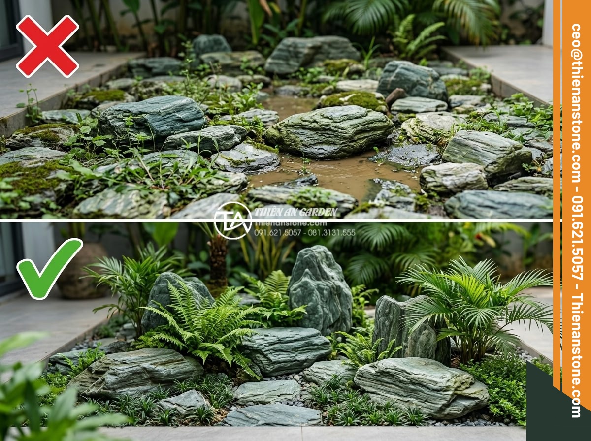 Vật liệu đá cuội: Linh hồn trong các mẫu tiểu cảnh trước nhà khô hiện đại - Hình 9 Vật liệu đá cuội: Linh hồn trong các mẫu tiểu cảnh trước nhà khô hiện đại - Before and after professional comparison images showing common mistakes in pebbl
