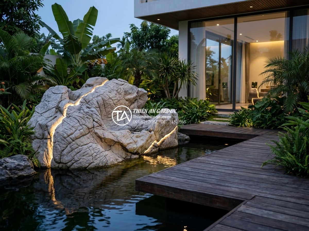Xu hướng sử dụng đá mồ côi trang trí trong tiểu cảnh sân vườn 2026 - Stunning modern Vietnamese garden design 2026 featuring large orphan stone integ