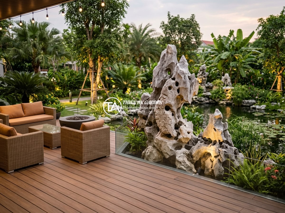 Xu hướng sử dụng đá mồ côi trang trí trong tiểu cảnh sân vườn 2026 - Elegant combination of natural orphan stone with modern composite wood decking a