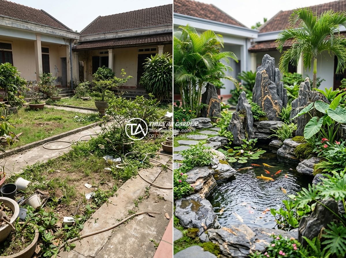 Xu hướng sử dụng đá mồ côi trang trí trong tiểu cảnh sân vườn 2026 - Beautiful before and after comparison of a Vietnamese villa garden transformed w