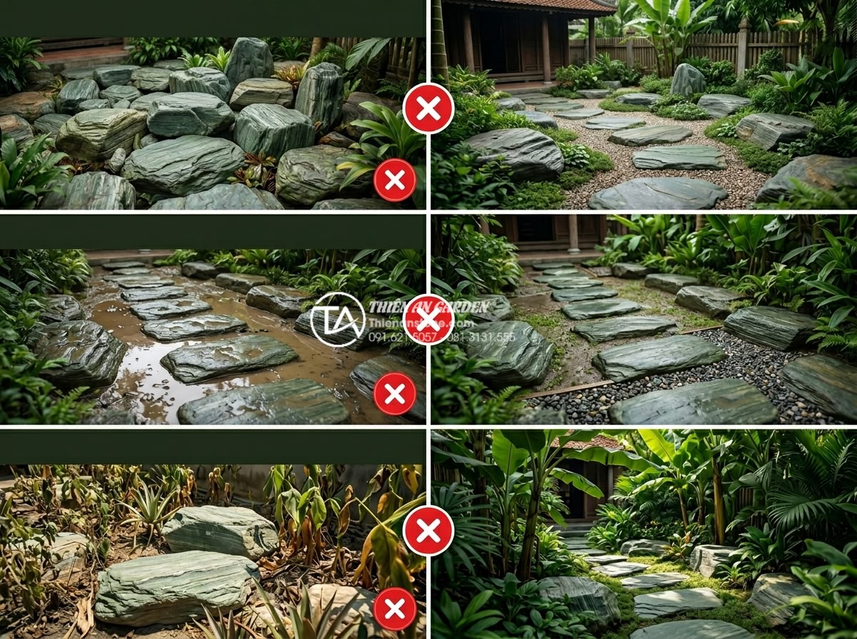 Xu hướng sử dụng đá mồ côi trang trí trong tiểu cảnh sân vườn 2026 - Educational infographic style realistic image showing common mistakes in garden 