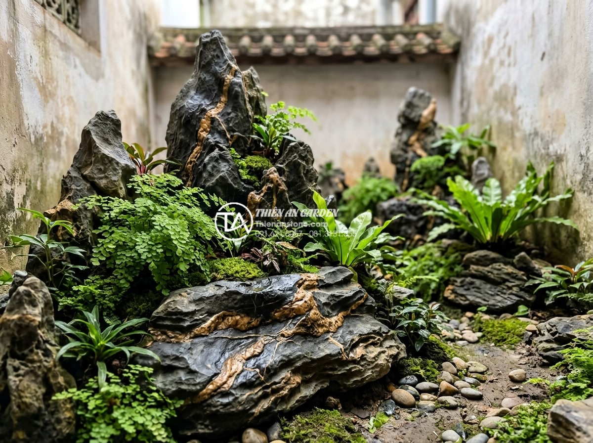 Ý tưởng biến giếng trời sau nhà ống thành tiểu cảnh xanh mát - Lush green plants and ferns integrated with natural stone in a shaded light well