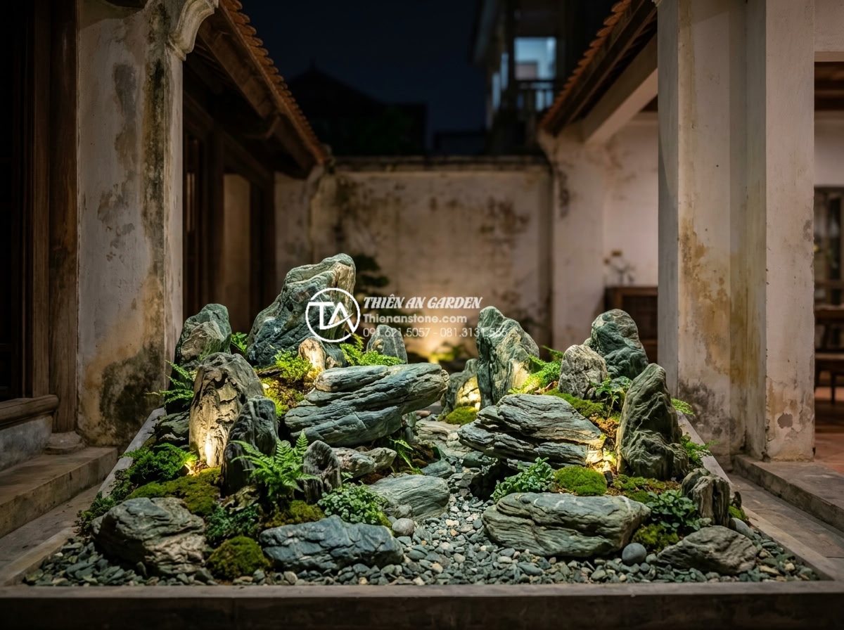 Ý tưởng biến giếng trời sau nhà ống thành tiểu cảnh xanh mát - Night view of illuminated stone miniature landscape in light well with warm LED 