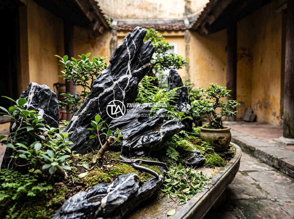 Ý tưởng biến giếng trời sau nhà ống thành tiểu cảnh xanh mát - Maintenance process showing cleaning natural stones and pruning plants in a matu