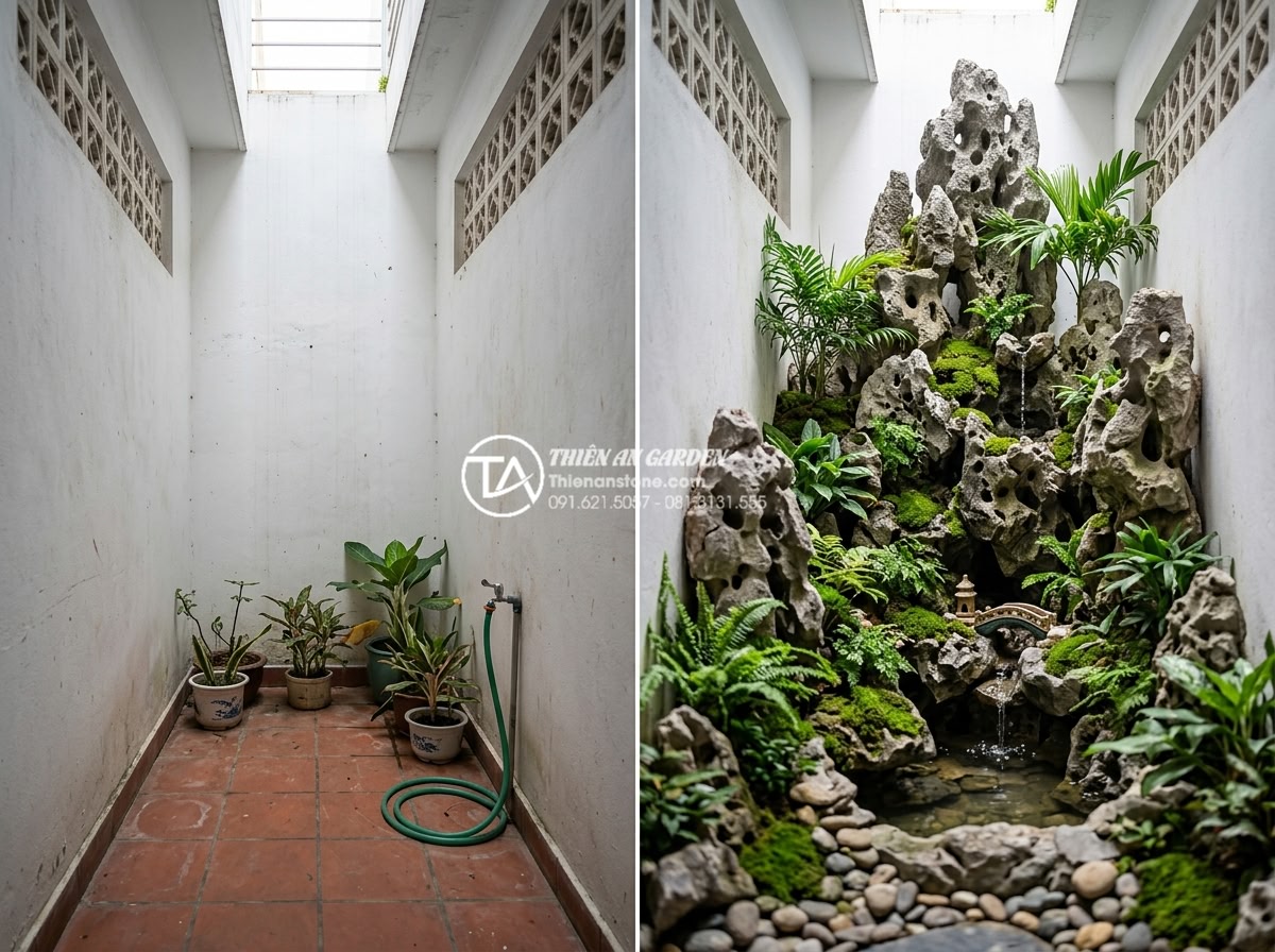Ý tưởng biến giếng trời sau nhà ống thành tiểu cảnh xanh mát - Beautiful before and after comparison of light well transformed into lush green 