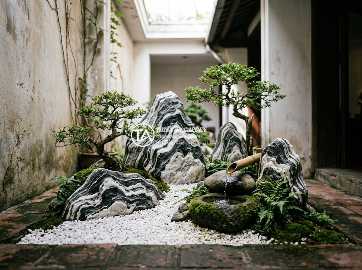 Ý tưởng biến giếng trời sau nhà ống thành tiểu cảnh xanh mát - Zen Japanese style miniature landscape in a narrow light well using large natura