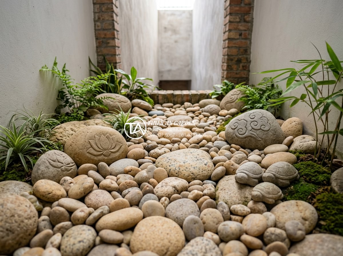 Ý tưởng biến giếng trời sau nhà ống thành tiểu cảnh xanh mát - Assortment of carved art stones and decorative natural rocks in different sizes 