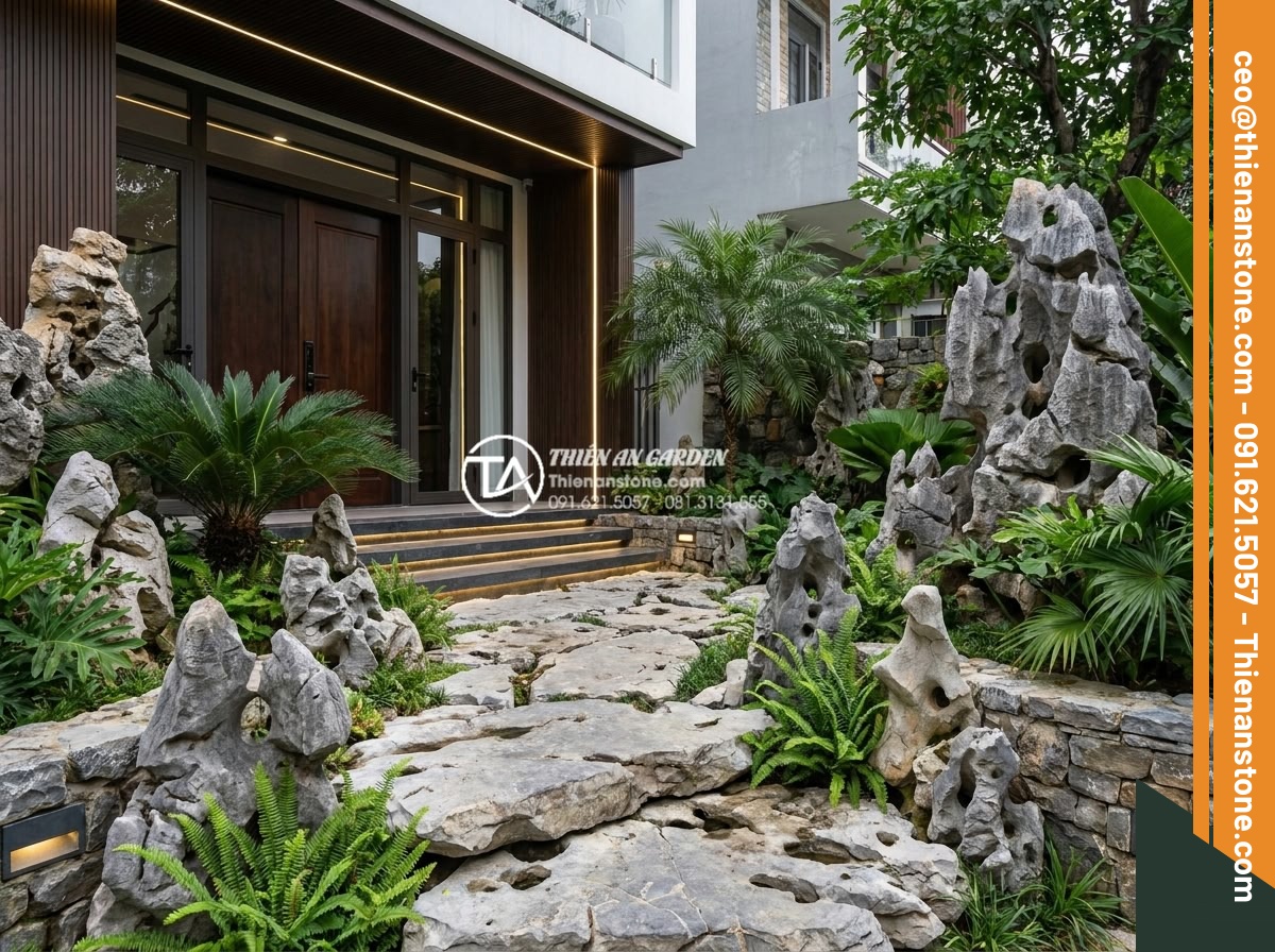 10 Loại đá tự nhiên tốt nhất dành riêng cho tiểu cảnh sân trước - Hình 2 10 Loại đá tự nhiên tốt nhất dành riêng cho tiểu cảnh sân trước - Detailed realistic image of a Vietnamese front yard small landscape design using