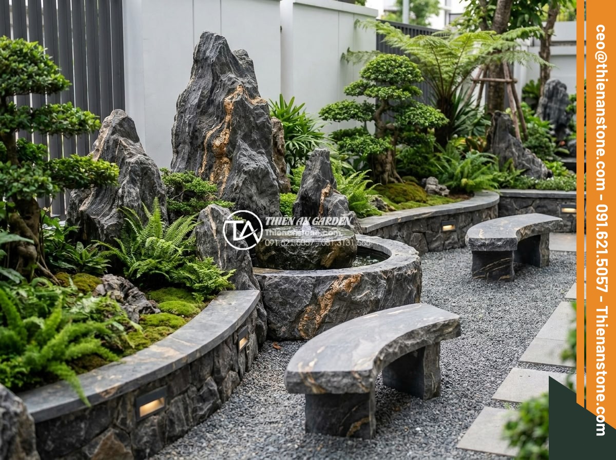 10 Loại đá tự nhiên tốt nhất dành riêng cho tiểu cảnh sân trước - Hình 3 10 Loại đá tự nhiên tốt nhất dành riêng cho tiểu cảnh sân trước - High detail professional photo of an elegant Vietnamese villa front yard mini la