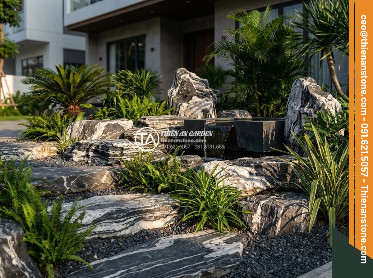 10 Loại đá tự nhiên tốt nhất dành riêng cho tiểu cảnh sân trước - Hình 4 10 Loại đá tự nhiên tốt nhất dành riêng cho tiểu cảnh sân trước - Realistic high-resolution image of a contemporary Vietnamese front yard small ga