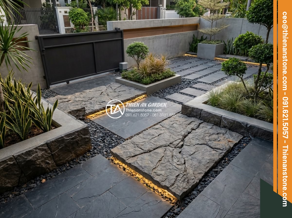10 Loại đá tự nhiên tốt nhất dành riêng cho tiểu cảnh sân trước - Hình 8 10 Loại đá tự nhiên tốt nhất dành riêng cho tiểu cảnh sân trước - High resolution professional photo of a modern minimalist Vietnamese front yard