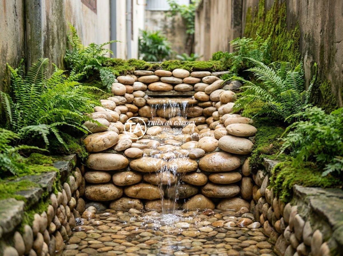 15+ Ý tưởng tiểu cảnh thác nước mini sân vườn cho không gian nhỏ - Detailed realistic photograph of a compact mini waterfall garden in a narrow urb