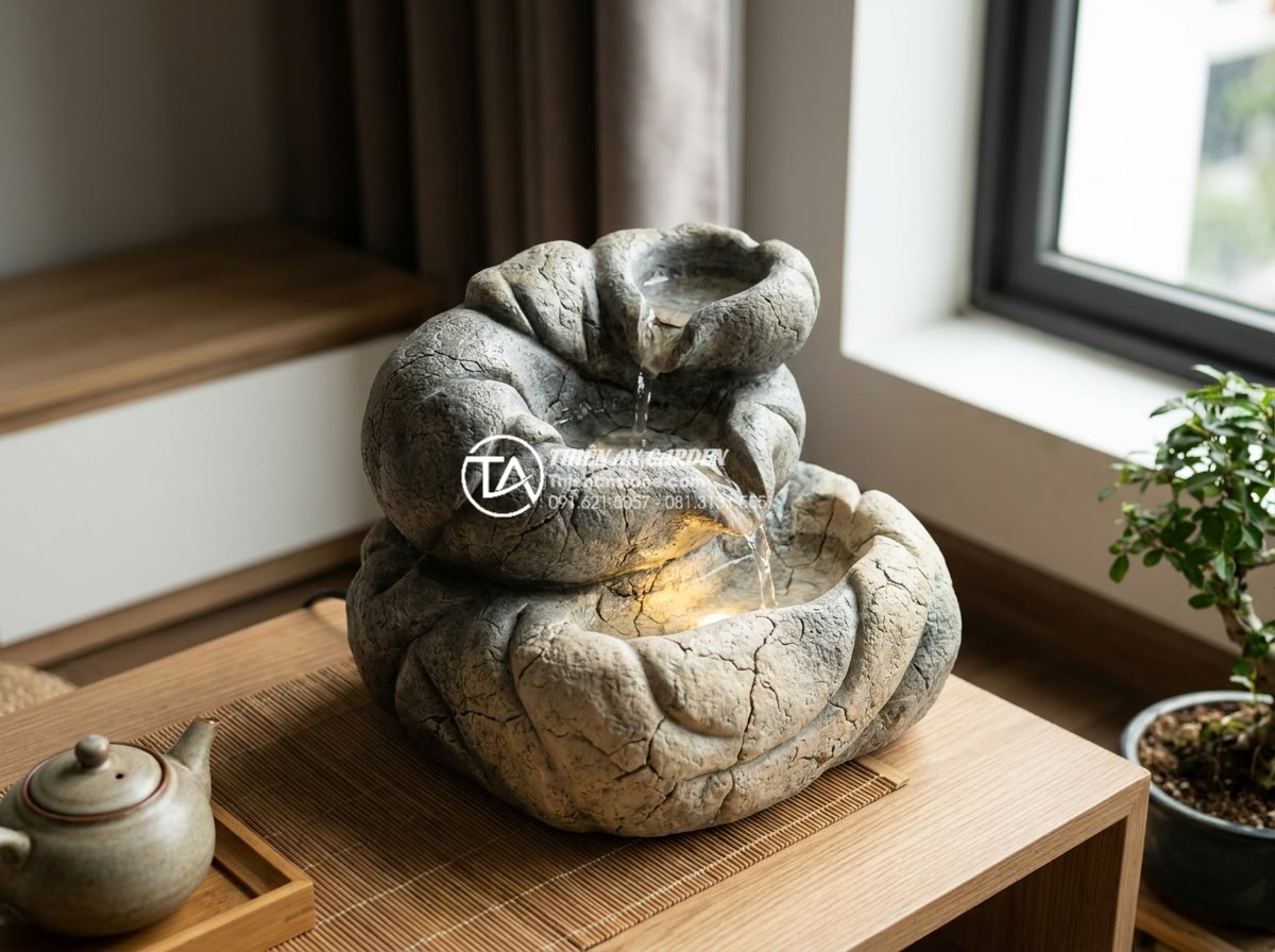15+ Ý tưởng tiểu cảnh thác nước mini sân vườn cho không gian nhỏ - Tiny tabletop waterfall made from carved natural stone on a modern coffee table,