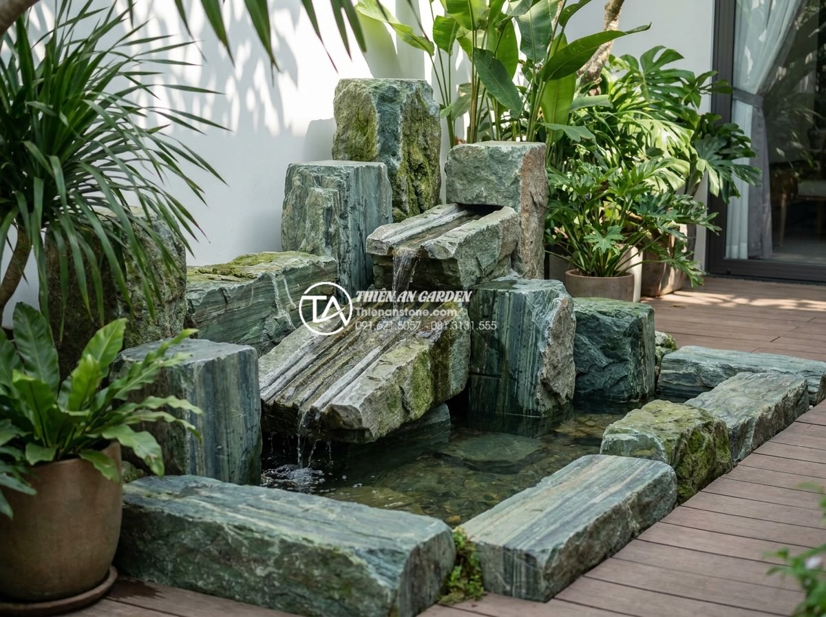15+ Ý tưởng tiểu cảnh thác nước mini sân vườn cho không gian nhỏ - Professional team of stone craftsmen installing a beautiful mini waterfall garde