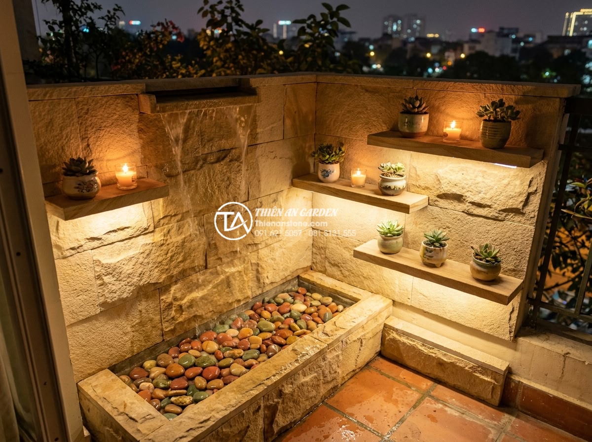 15+ Ý tưởng tiểu cảnh thác nước mini sân vườn cho không gian nhỏ - Creative wall waterfall feature for small balcony using beige sandstone with int