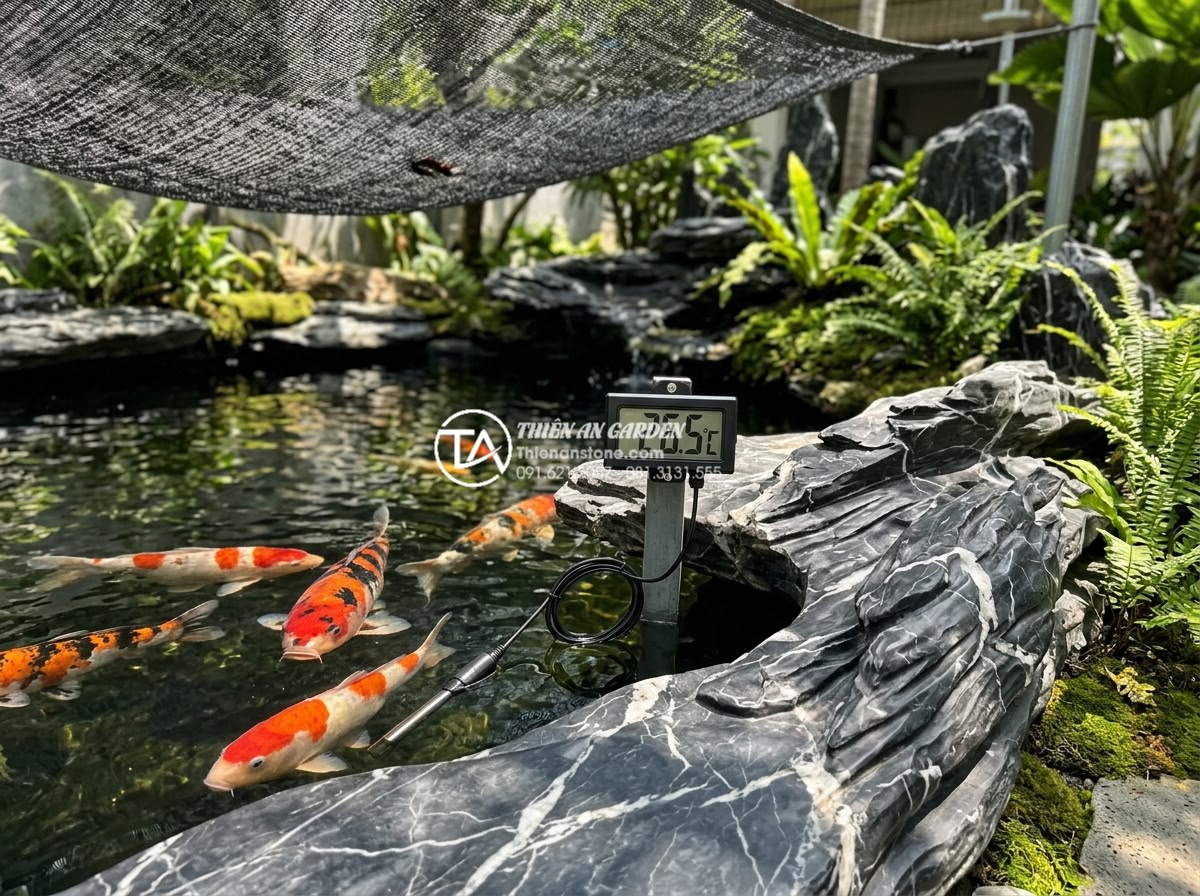 5 Sai lầm chết người khi xây hồ cá tiểu cảnh khiến cá nhanh chết - Temperature monitoring setup in professional koi pond with digital thermometer, 