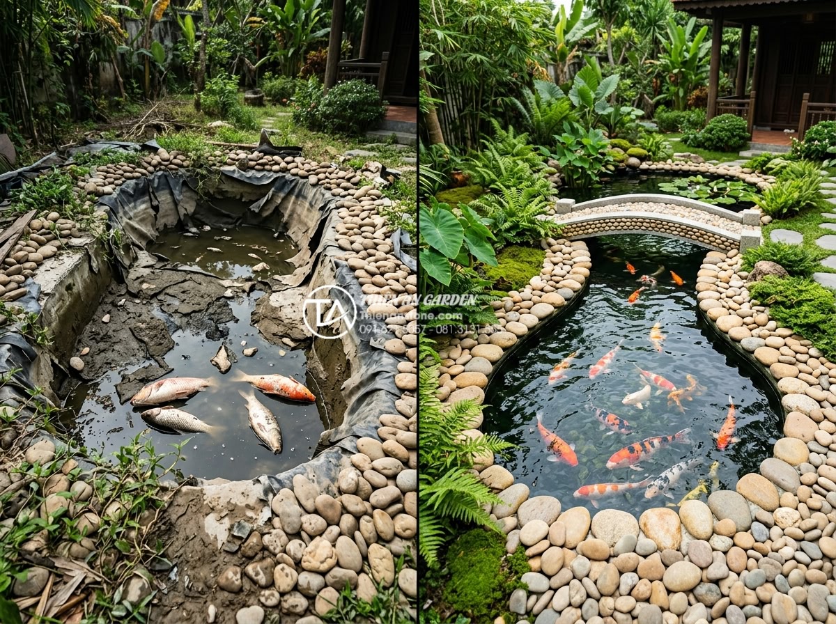 5 Sai lầm chết người khi xây hồ cá tiểu cảnh khiến cá nhanh chết - Before and after photos of a failed pond reconstruction project showing demolish