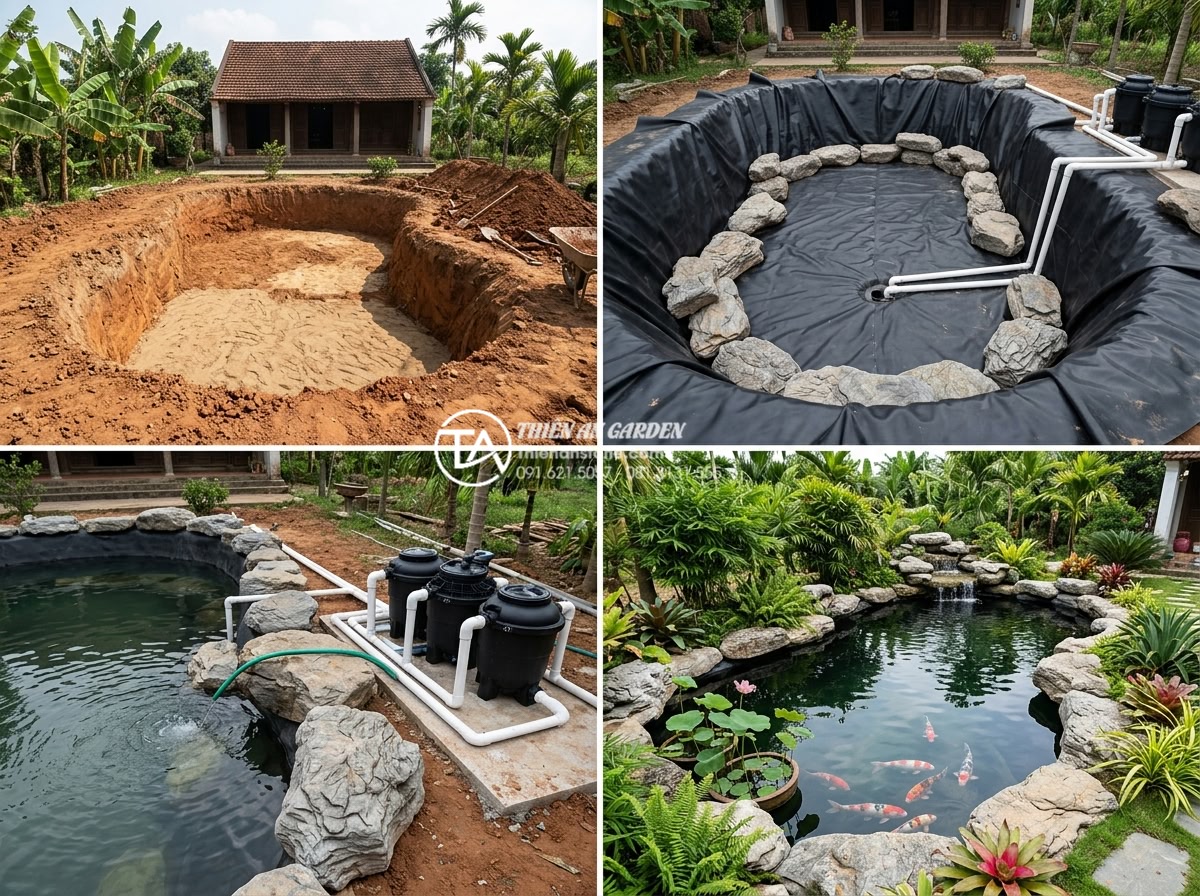 5 Sai lầm chết người khi xây hồ cá tiểu cảnh khiến cá nhanh chết - Step-by-step construction sequence photos of professional pond building: excavat