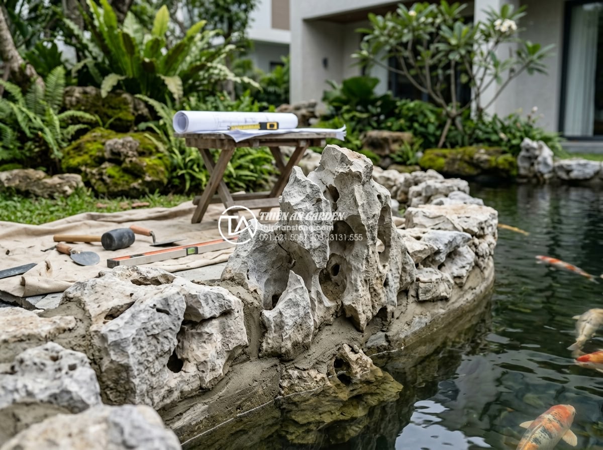 5 Sai lầm chết người khi xây hồ cá tiểu cảnh khiến cá nhanh chết - Professional team from Da Canh Thien An company installing natural stone edging 